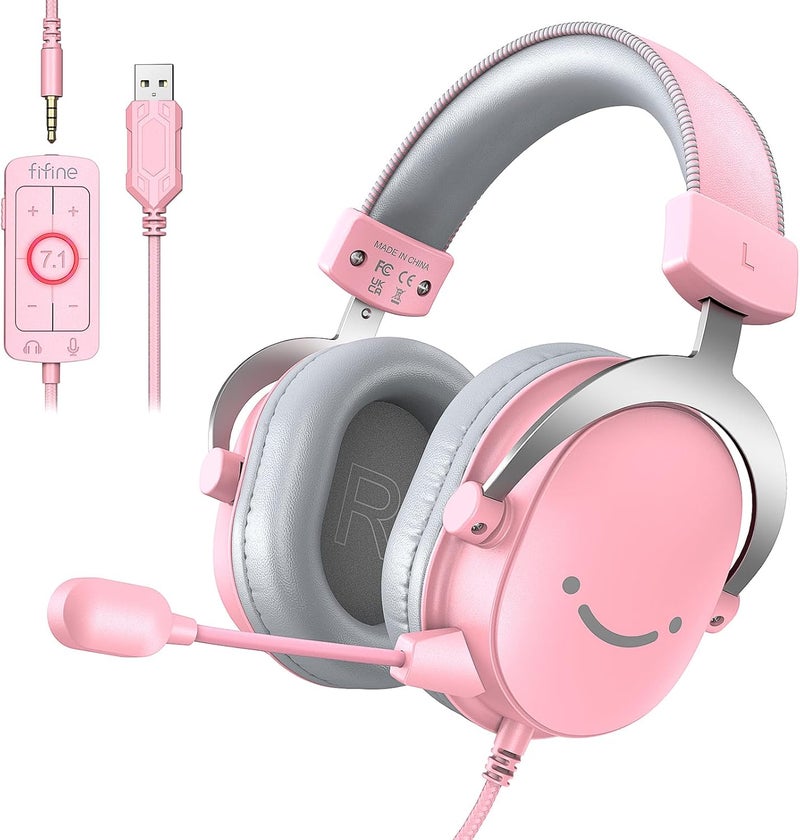 FIFINE USB Gaming Headset, PC Over-Ear Wired Streaming Headset with 3.5mm Jack, Detachable Microphone, 7.1 Surround Sound, Control Box, Passive Noise Cancellation, for PS5/Xbox/Switch-H9 Pink - Image 1